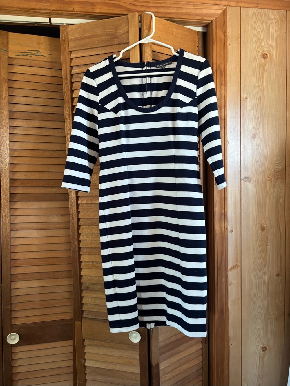 Adrianna Papell Navy and White Striped Scoop Neck Midi Dress